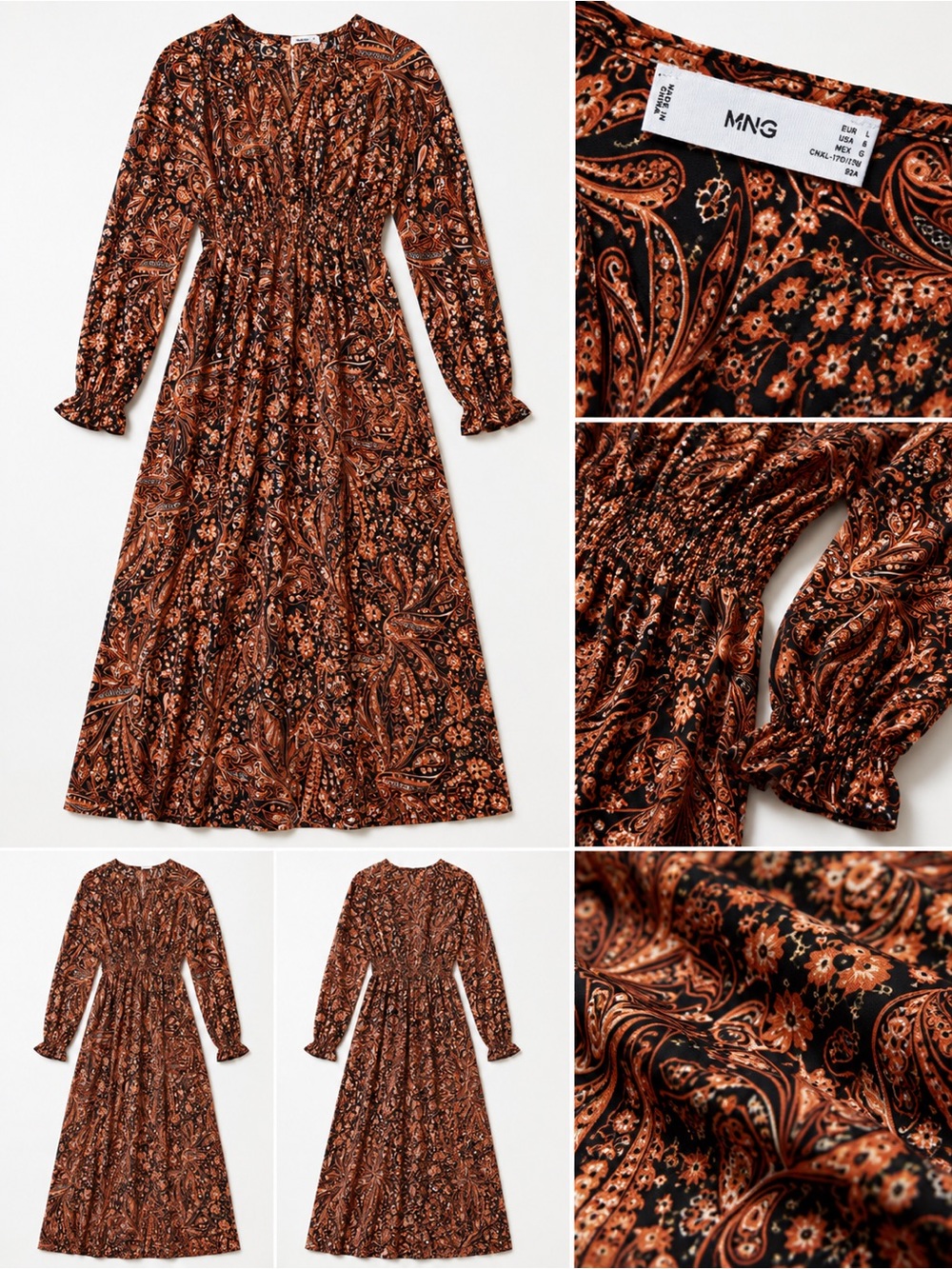 Mango Paisley Maxi Dress in Black and Coral